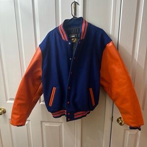 Varsity Jacket with Orange Sleeves blue chest rennoc leather bomber xl letterman